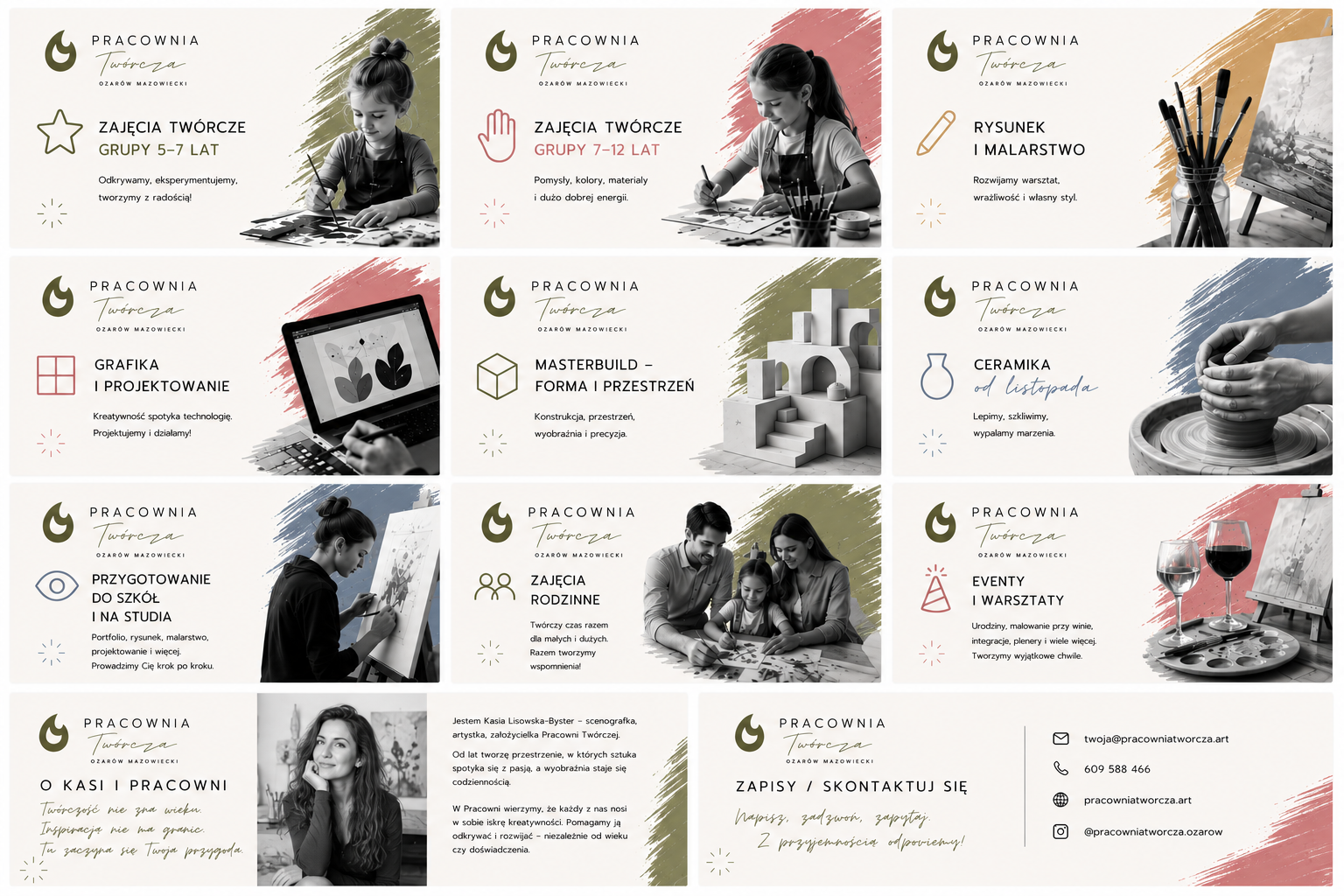 Fotograficzne kafle oferty Pracowni Twórczej: zajęcia twórcze, rysunek, grafika, MasterBuild, ceramika, przygotowanie, zajęcia rodzinne i eventy