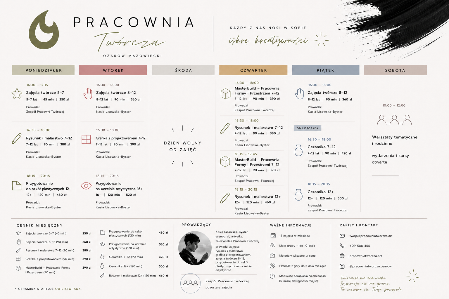 Grafik zajęć artystycznych 2026/2027 w Pracowni Twórczej w Ożarowie Mazowieckim
